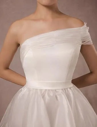 One Shoulder Above Knee Length Wedding Gown Bow Satin Court Train Sleeves White Bridal Princess Gown Vestido De Novia Modern Wedding Dress Satin Mermaid