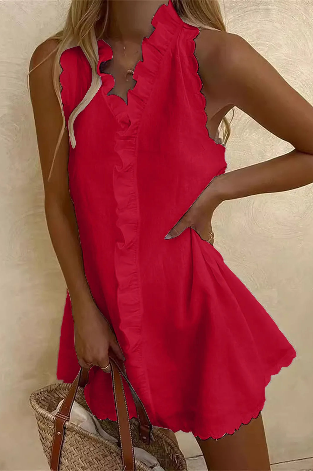 V Neck Ruffle Cotton Linen Mini Dress
