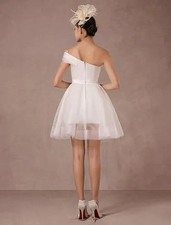 One Shoulder Above Knee Length Wedding Gown Bow Satin Court Train Sleeves White Bridal Princess Gown Vestido De Novia Modern Wedding Dress Satin Mermaid
