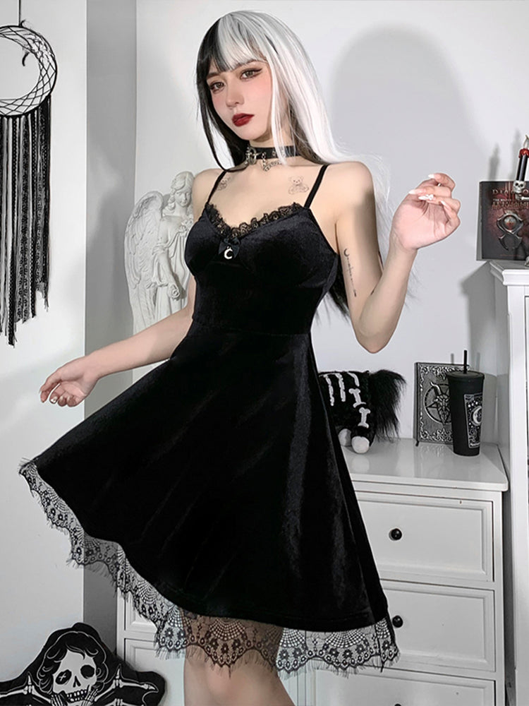 Velvet Spaghetti Strap Backless Moon Pendant Colorful Lace Trim ALine Waistin Sleeveless Corset Dress