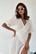 Cotton Heart Print VNeck Wrap Maxi Dress