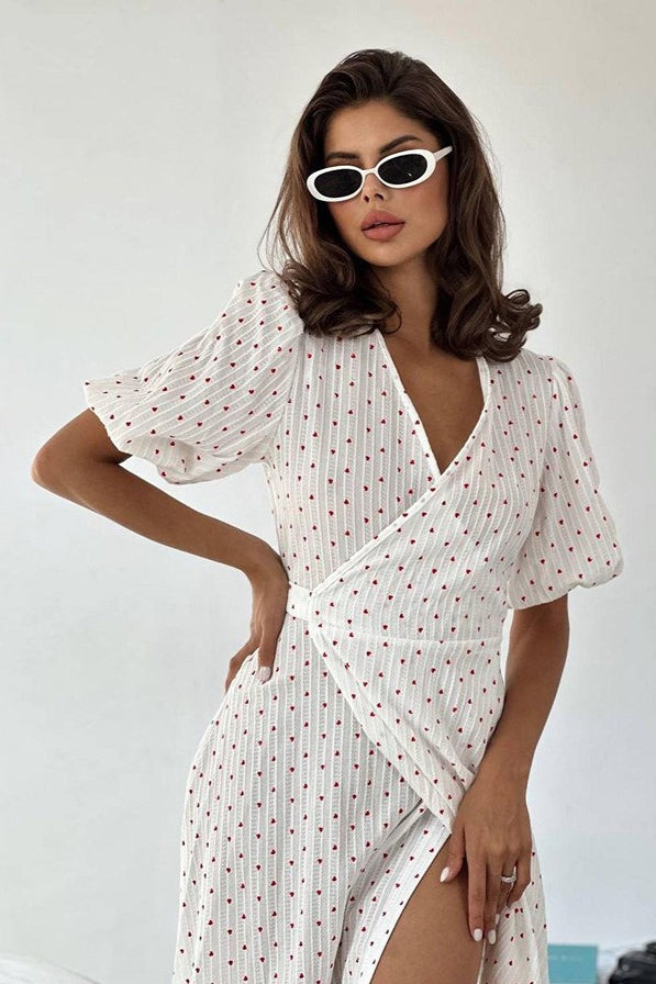 Cotton Heart Print VNeck Wrap Maxi Dress