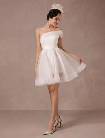 One Shoulder Above Knee Length Wedding Gown Bow Satin Court Train Sleeves White Bridal Princess Gown Vestido De Novia Modern Wedding Dress Satin Mermaid