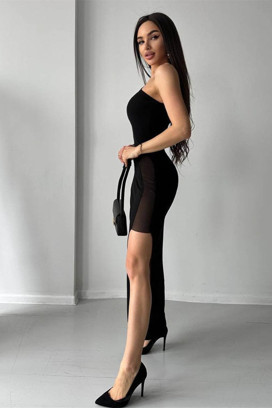 Asymmetrical One Shoulder Mesh Midi Dress