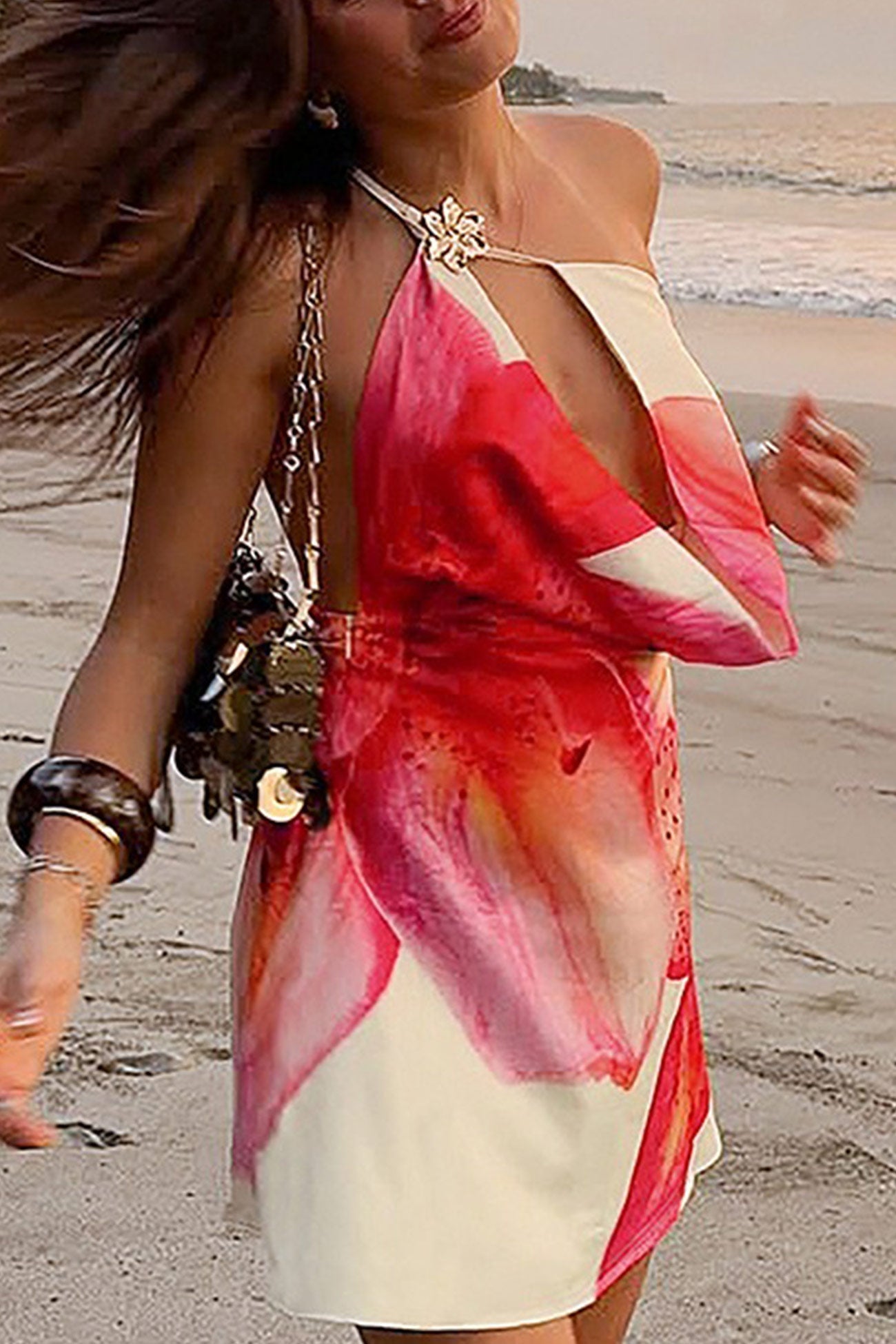 Floral Cowl Neck One shoulder Mini Dress