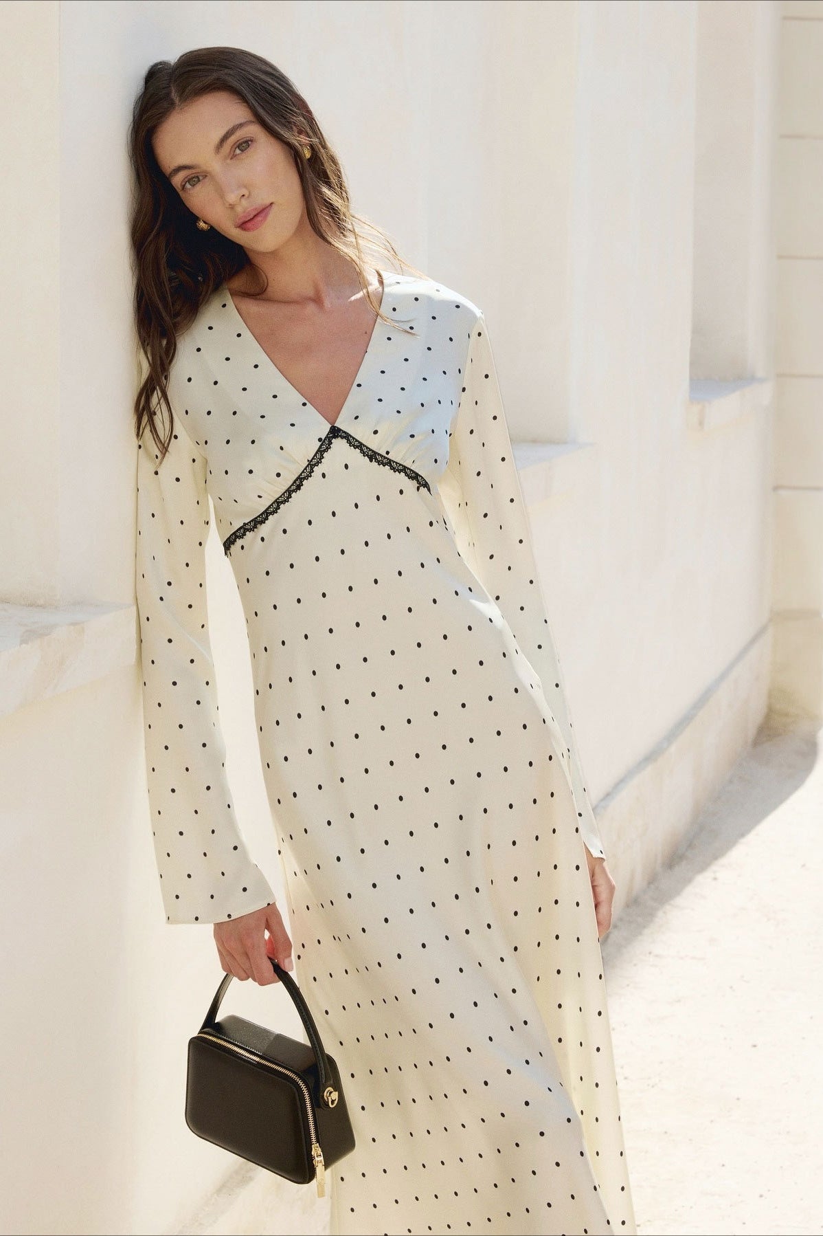 Satin Polka Dot V Neck A Line Midi Dress