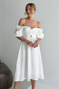 Off Shoulder Puff Sleeve Cotton Midi Dress
