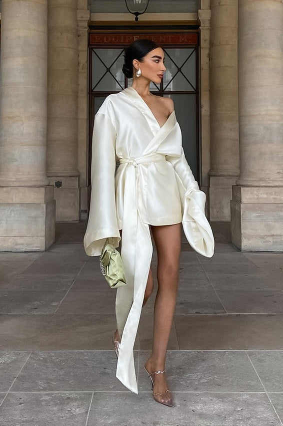 Satin Tie Front Loose Sleeve Mini Dress