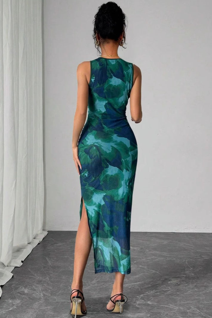 Sleeveless Mesh Printed Maxi Dress