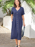 V Neck Linen Button Down Midi Dress with Pocket In Navy
