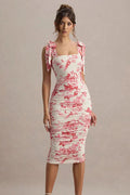 Vintage Print Ruched Midi Dress