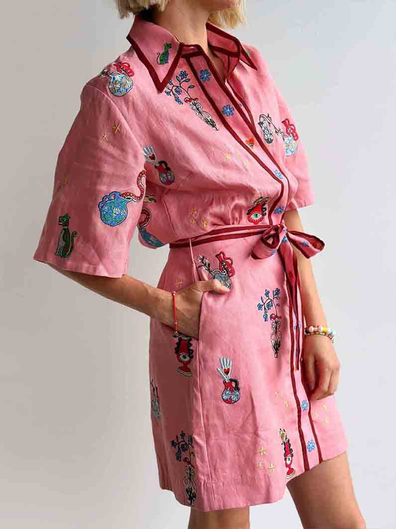 Casual Printed Shirt Collar Single breasted Mini Dress