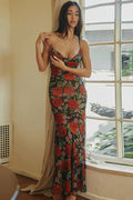 Floral Print Draped Sleeveless See Through Maxi Dress