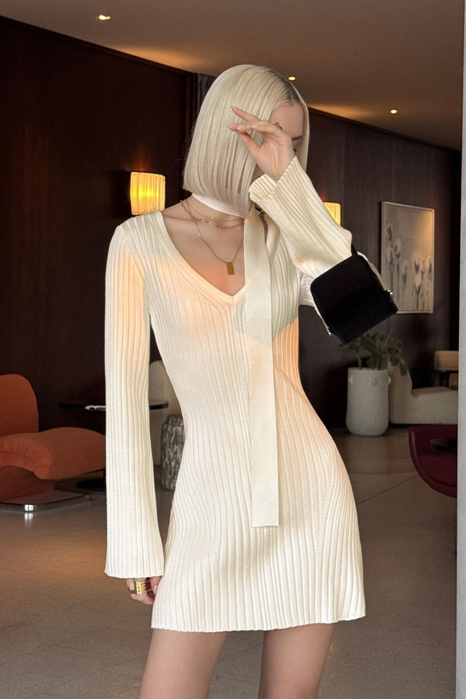 A Line Knit Long Sleeve Mini Dress