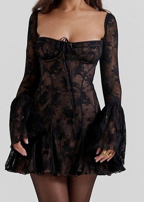 Self Tie Lace Long Sleeve Dress Vibrant Red