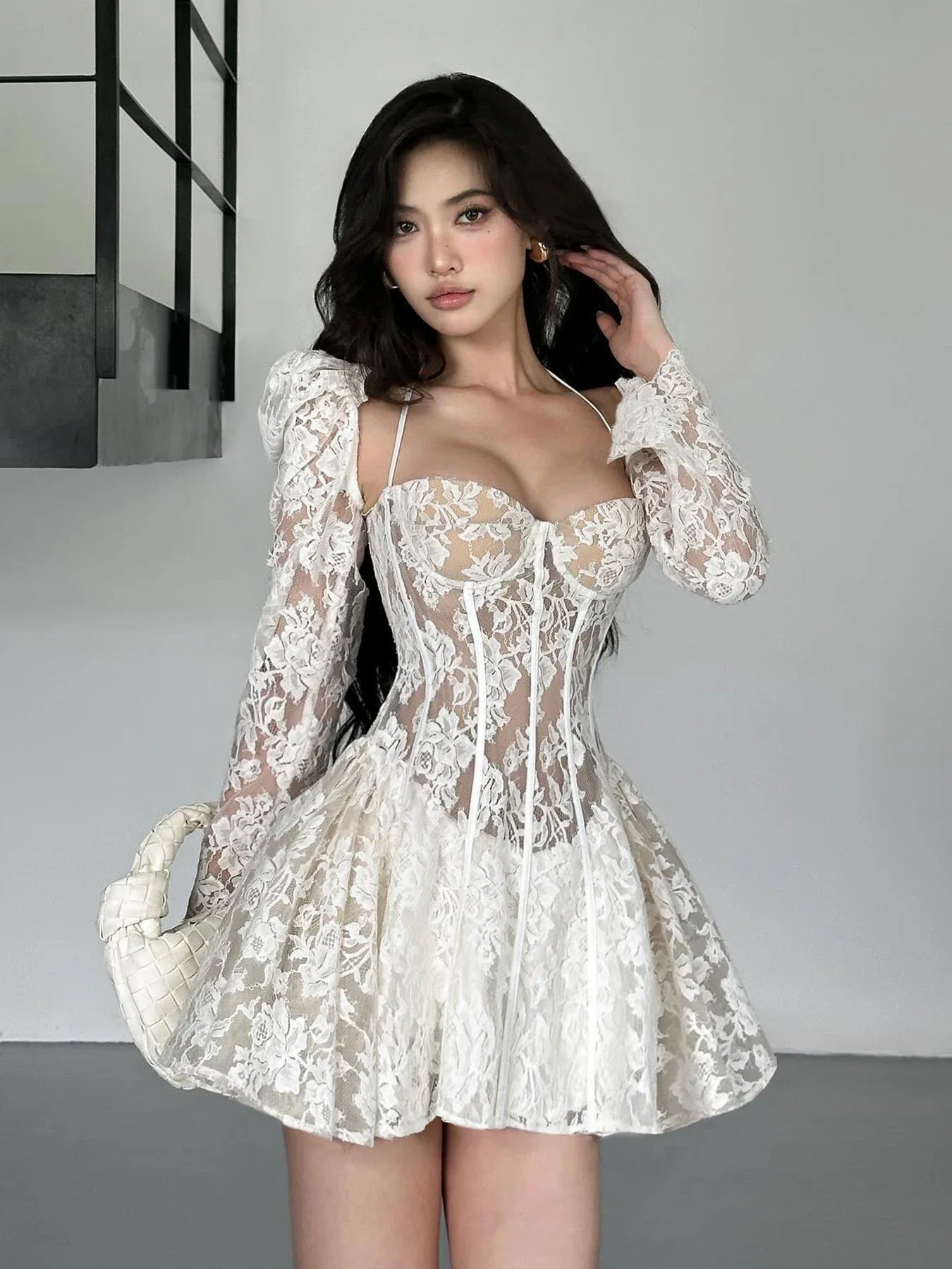 ALine Backless Puff Sleeve Mini Lace Dress
