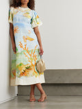 Gathered Printed Linen Gauze Midi Dress
