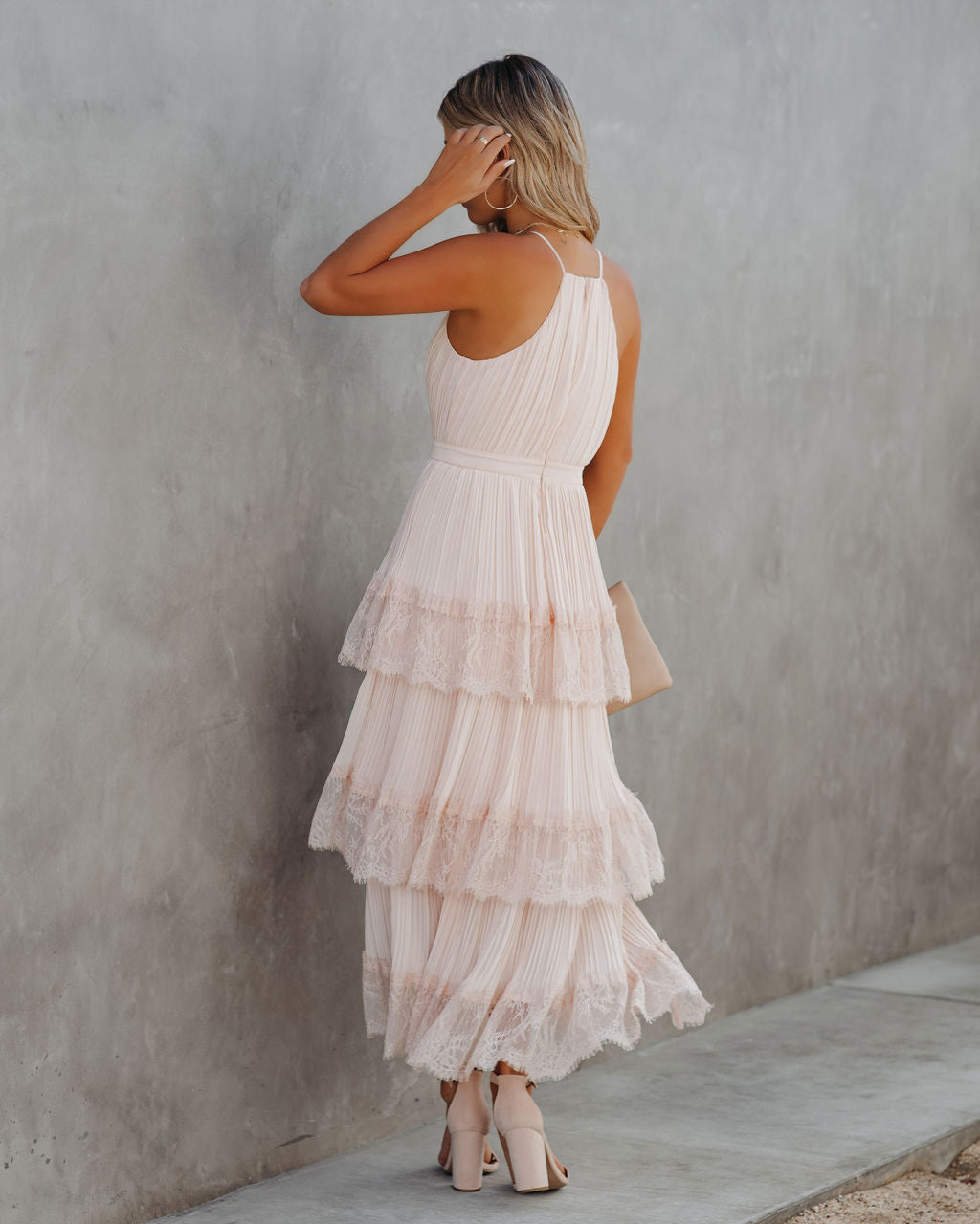 Affection Pleated Tiered Lace Maxi Dress Blush