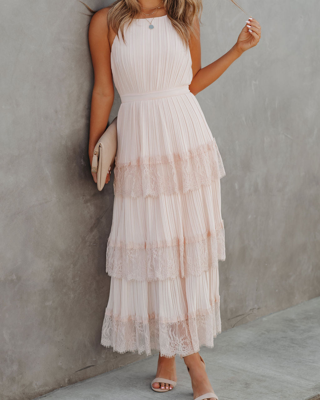 Affection Pleated Tiered Lace Maxi Dress Blush