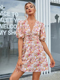 Allover Floral Print Puff Sleeve V neck Dress