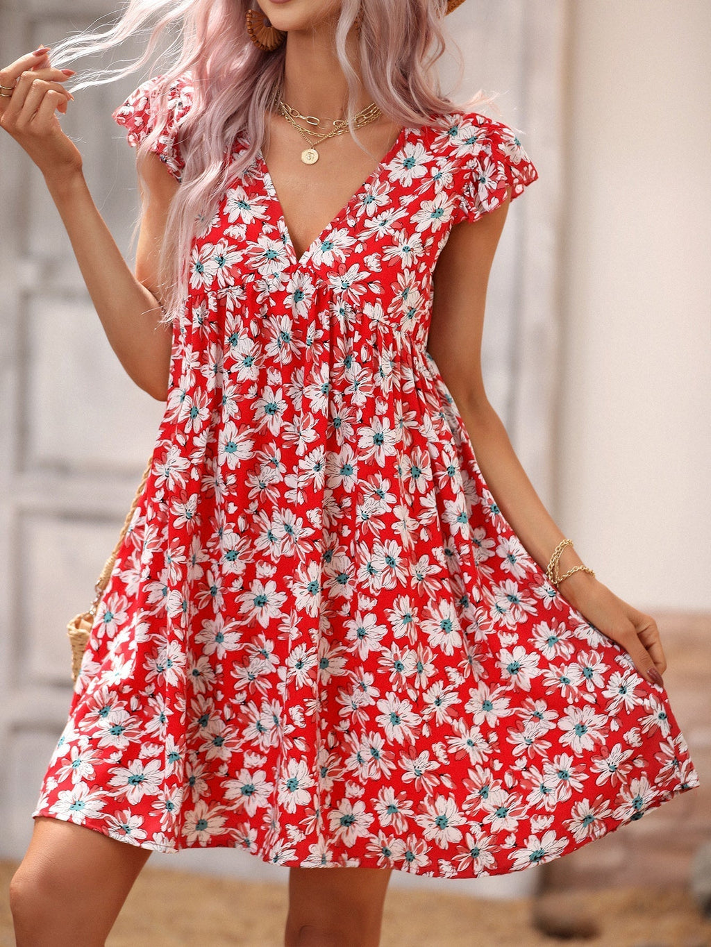 Allover Print V Neck Smocked Flare Dress