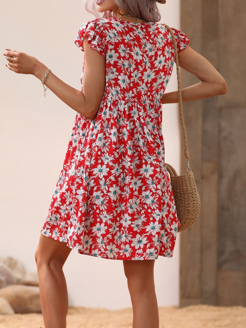 Allover Print V Neck Smocked Flare Dress