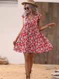 Allover Print V Neck Smocked Flare Dress