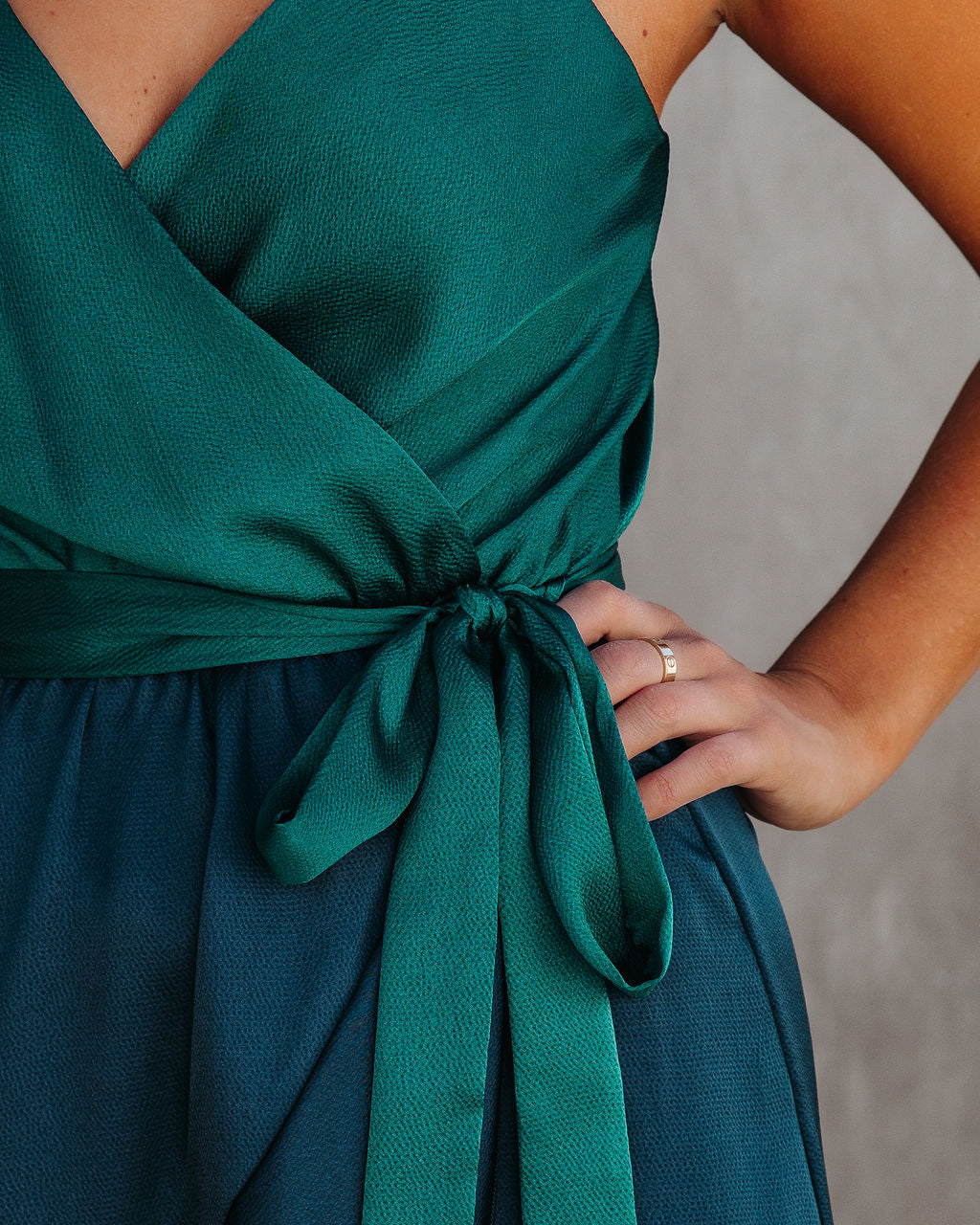 Ansley Satin Colorblock High Low Maxi Dress Green Navy