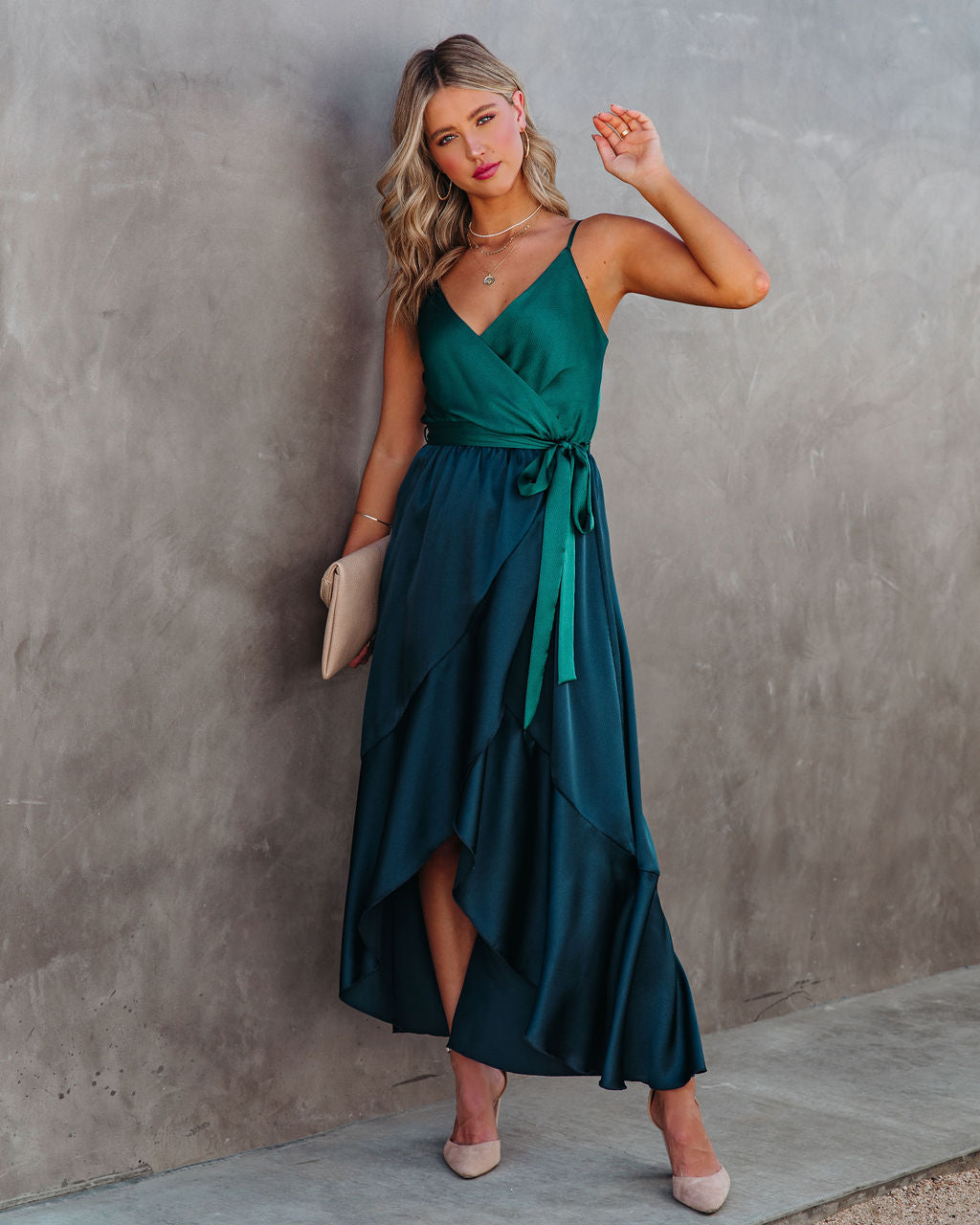 Ansley Satin Colorblock High Low Maxi Dress Green Navy