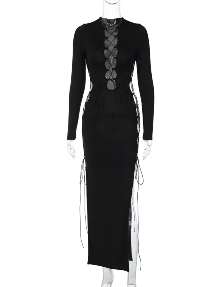 Autumn Y2K Hollow Out ONeck Side Slit Club Streetwear Midi Dresses