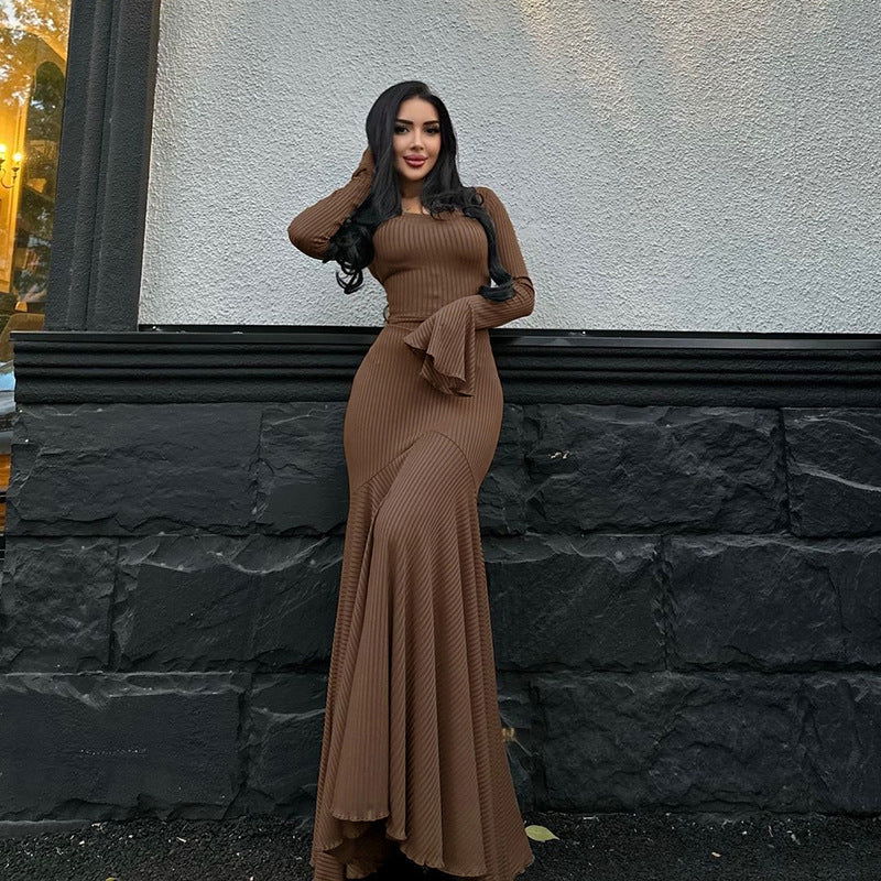 round Neck Waist Trimming Flared Long Sleeve Dress Elegant Fishtail Solid Color Dress