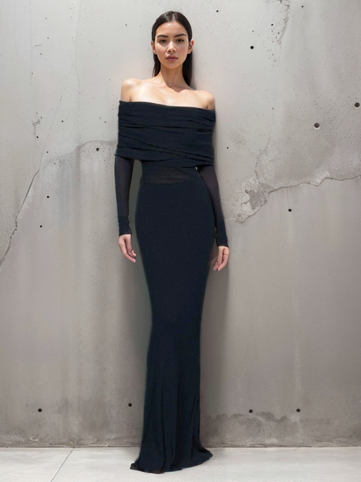 Overfold Off Shoulder Mesh Long Sleeve Long Dress