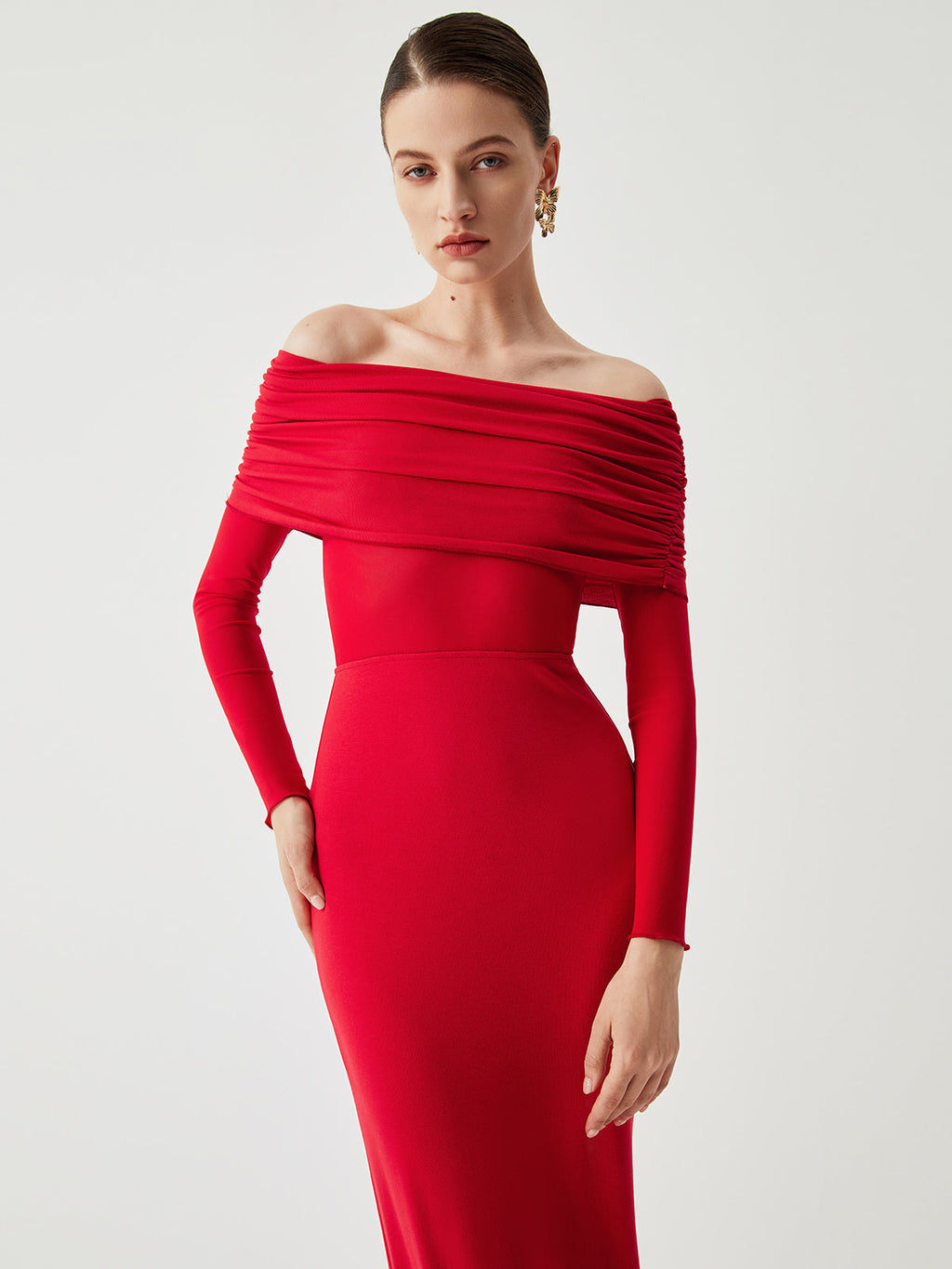Overfold Off Shoulder Mesh Long Sleeve Long Dress