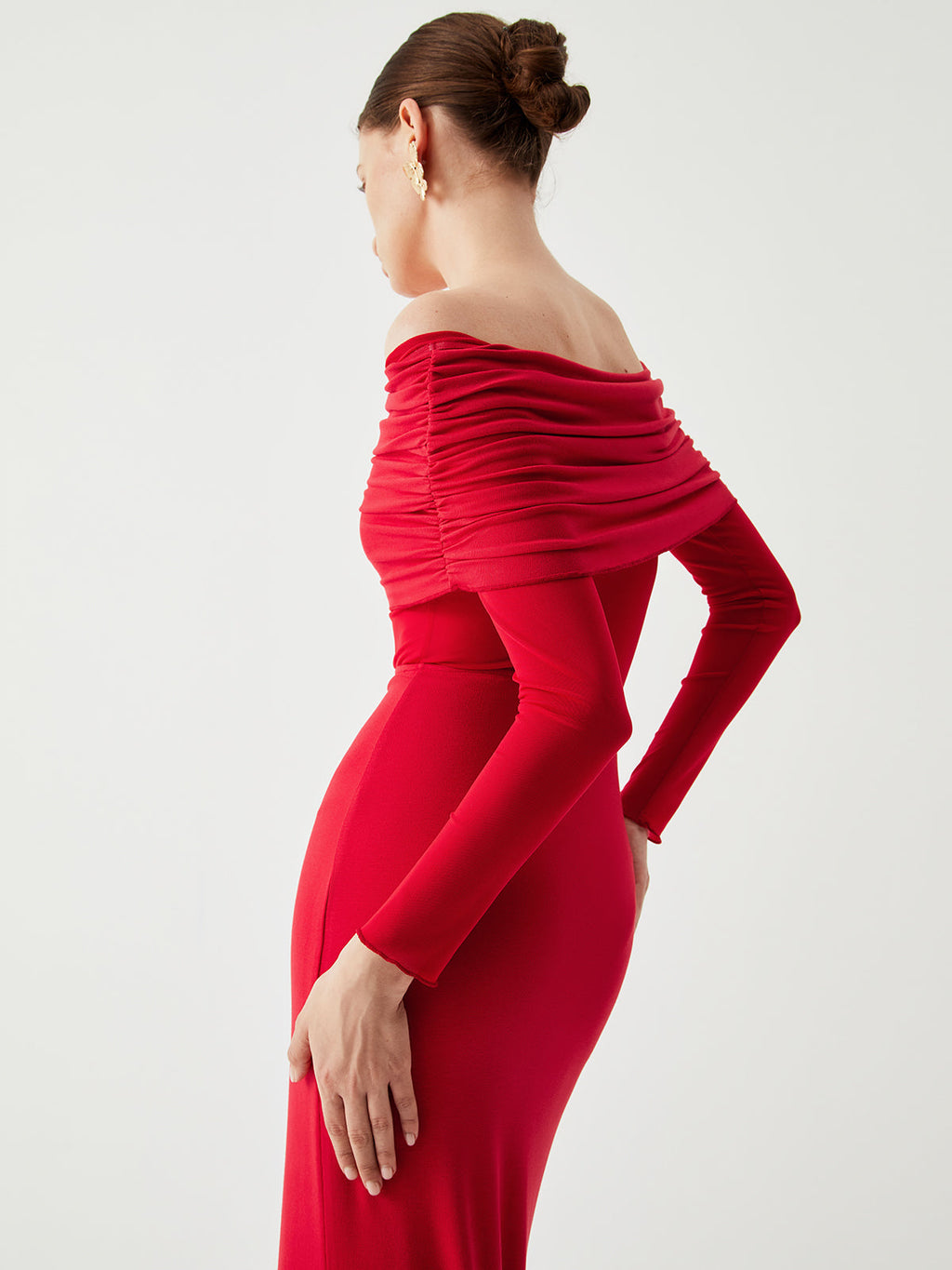 Abriella Off Shoulder Overfold Mesh Maxi Dress
