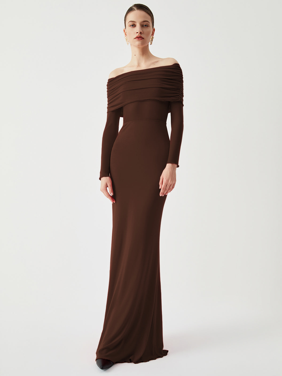 Overfold Off Shoulder Mesh Long Sleeve Long Dress