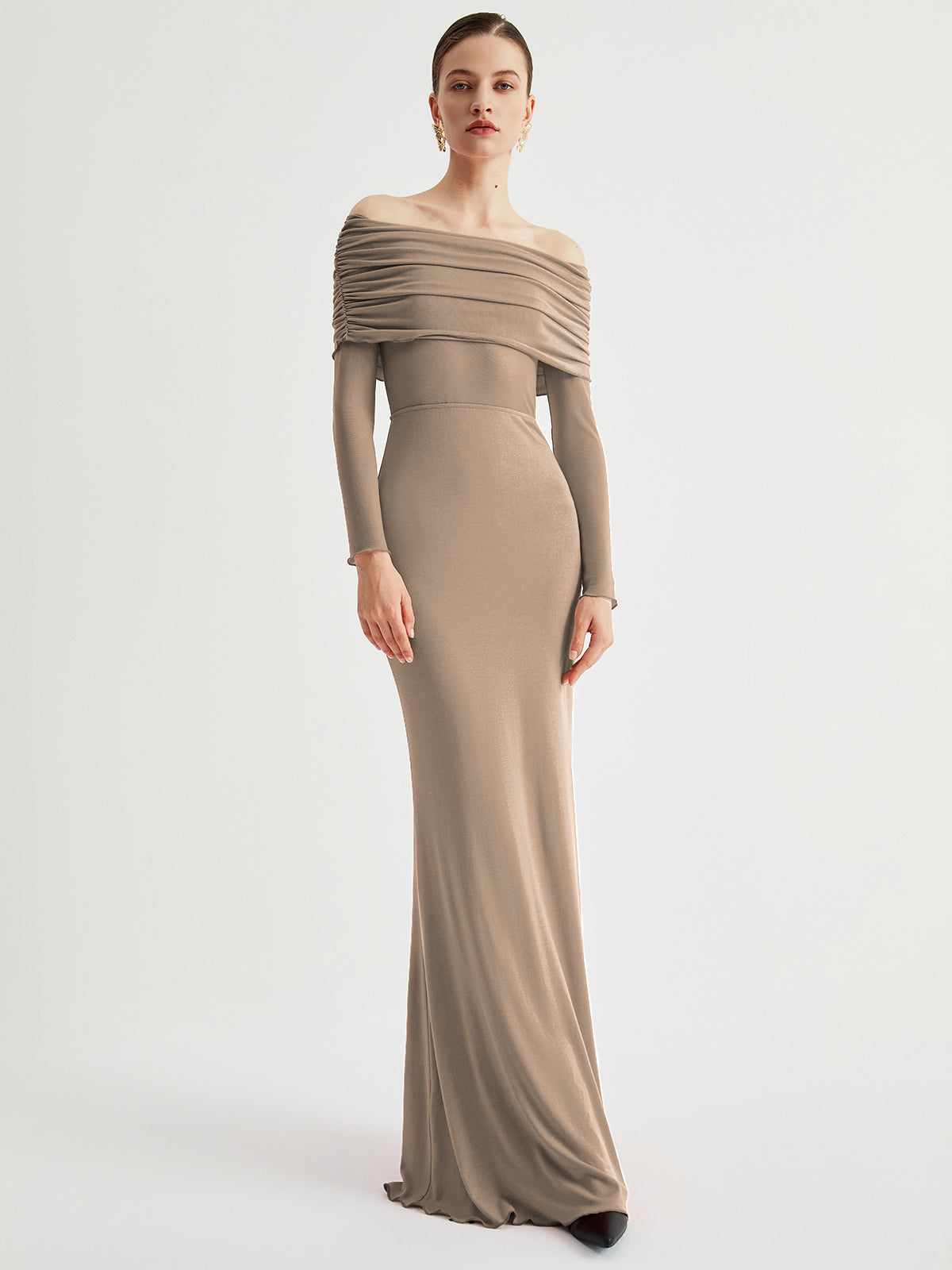 Overfold Off Shoulder Mesh Long Sleeve Long Dress