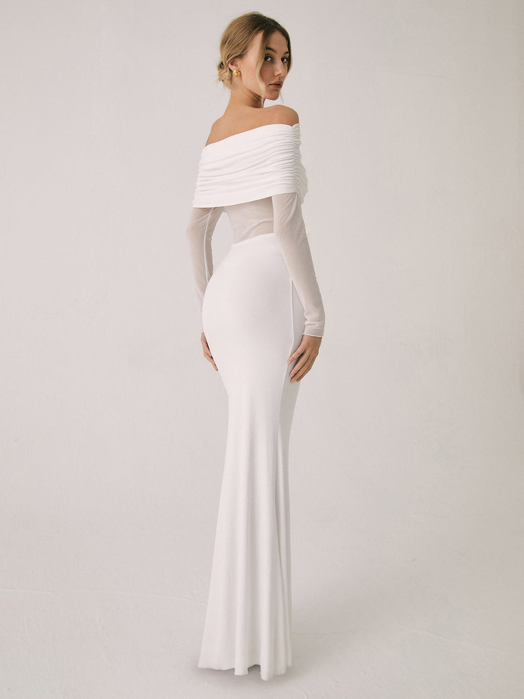 Overfold Off Shoulder Mesh Long Sleeve Long Dress