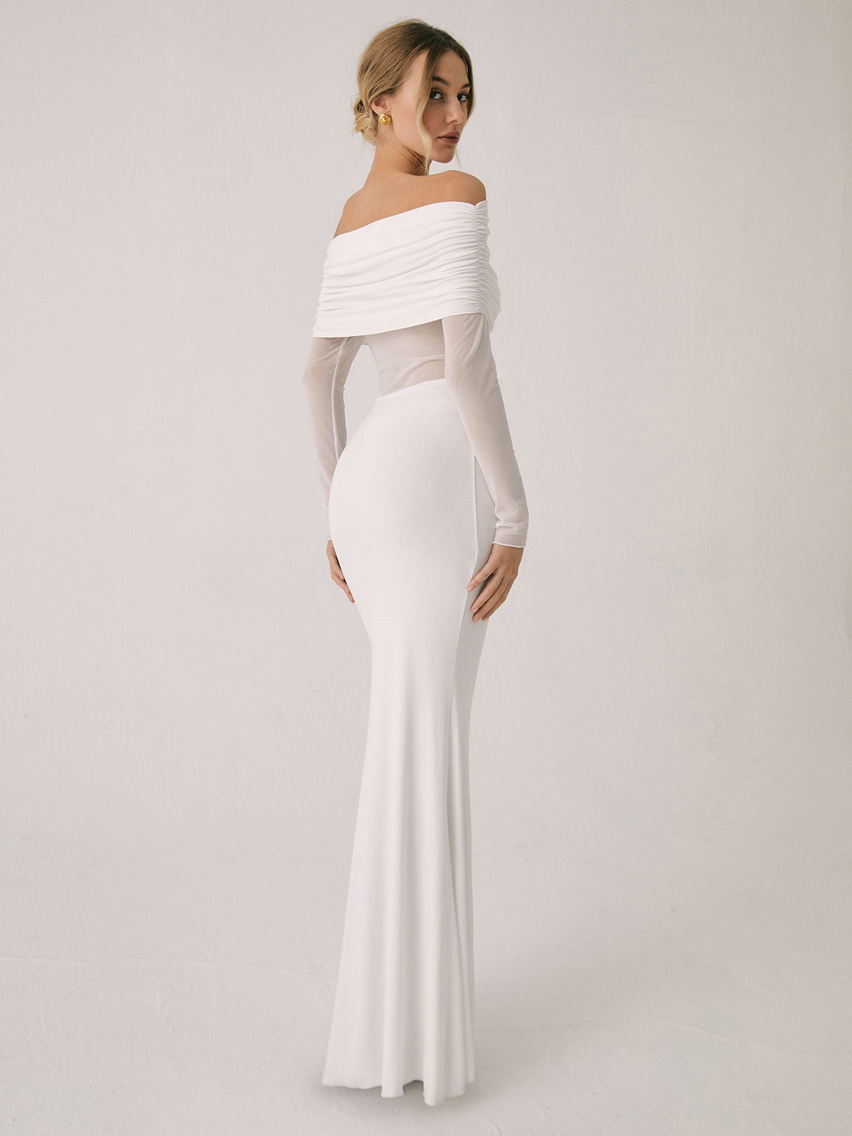 Overfold Off Shoulder Mesh Long Sleeve Long Dress