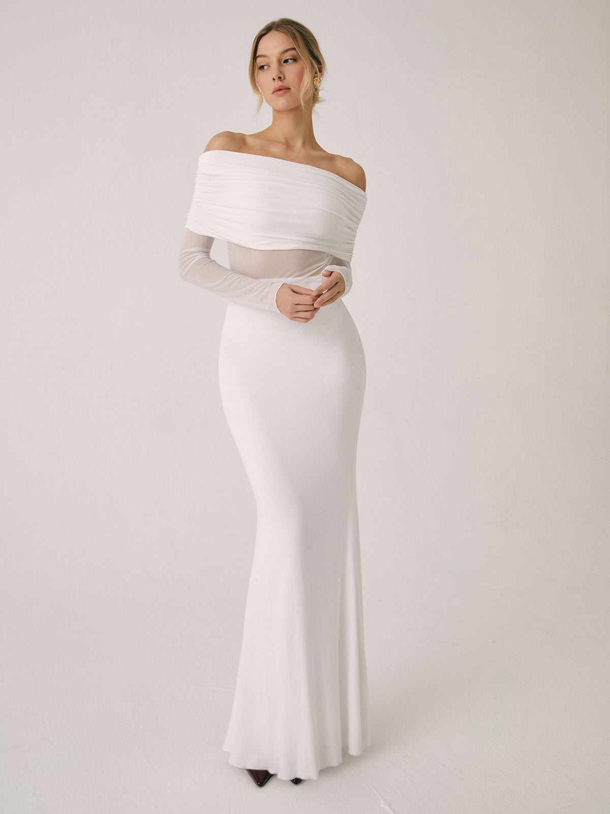 Overfold Off Shoulder Mesh Long Sleeve Long Dress