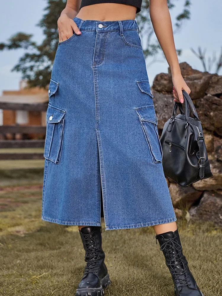 Casual Split Long High Waisted ALine Cargo Jean Skirt