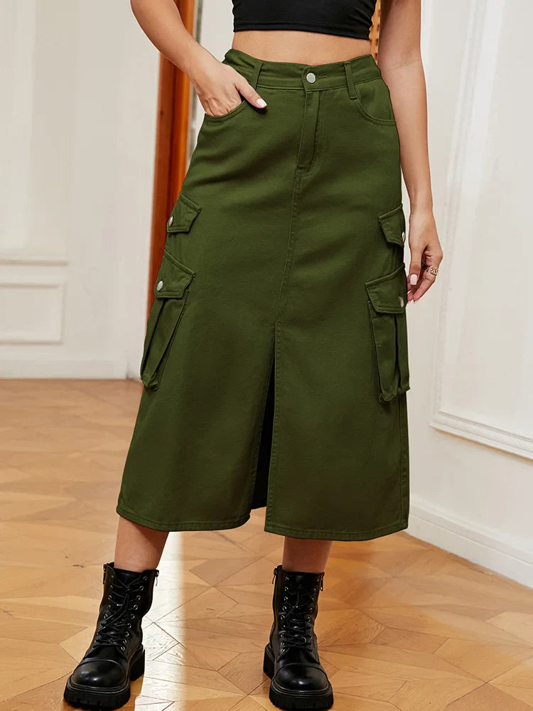 Casual Split Long High Waisted ALine Cargo Jean Skirt