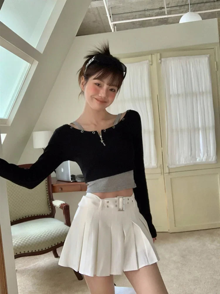 White Cargo Pleated Mini Skirts Retro Low Waist ALine Skirt