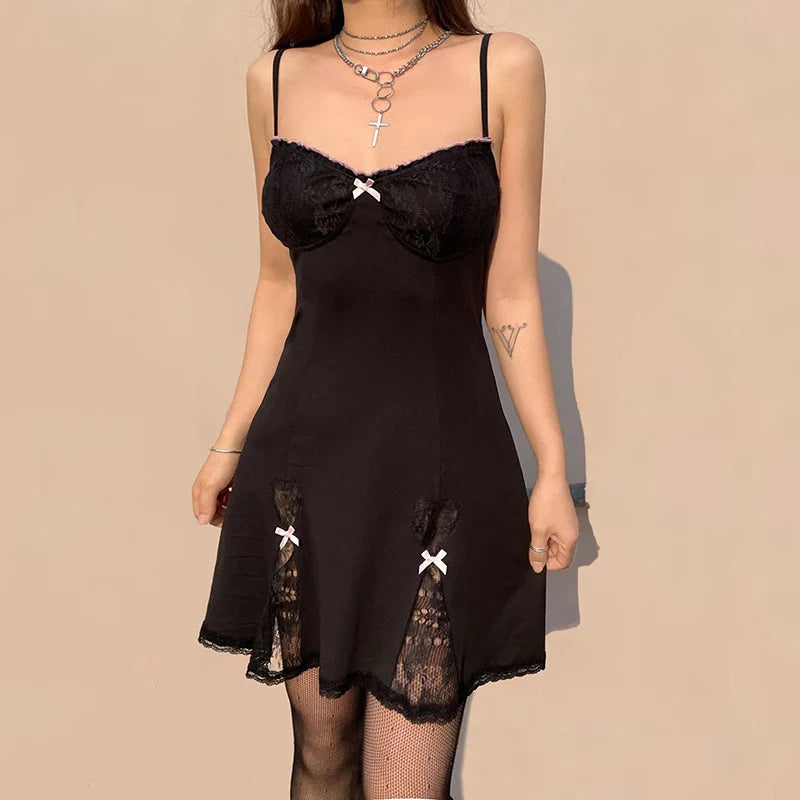 Black Gothic Lolita Style Lace Trim Sleeveless V Neck Bow Y2K Aesthetic Grunge Mini ALine Dress