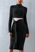 Black Mock-neck Tie Front Bodycon Dress - Mislish