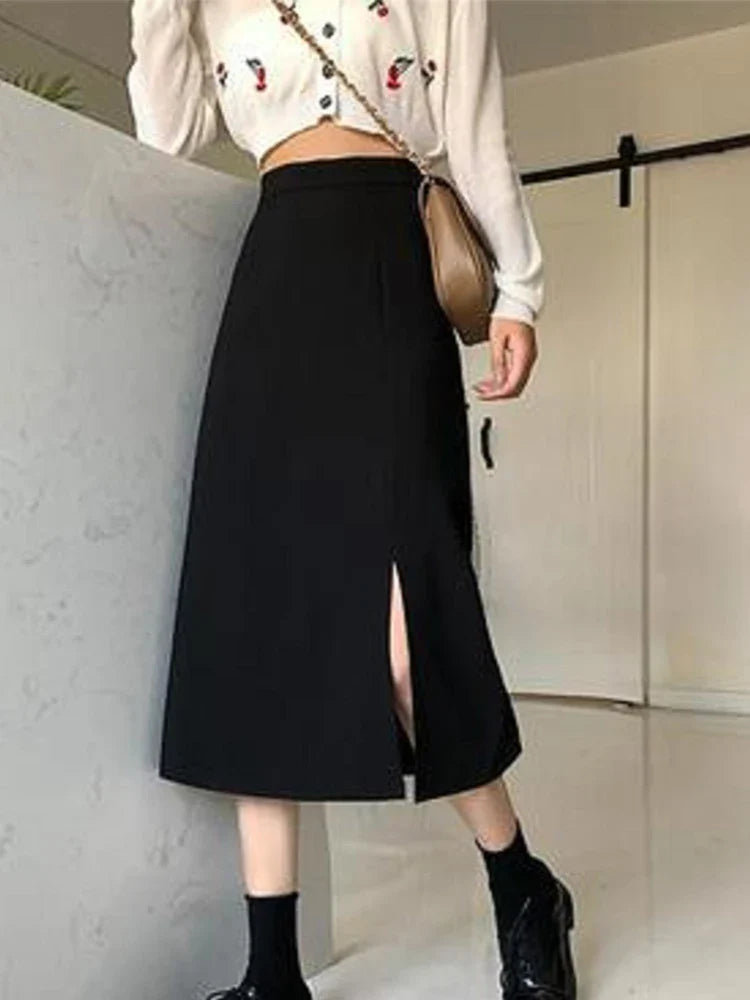 Black Midcalf College Aline High Waist Streetwear Female Skirt