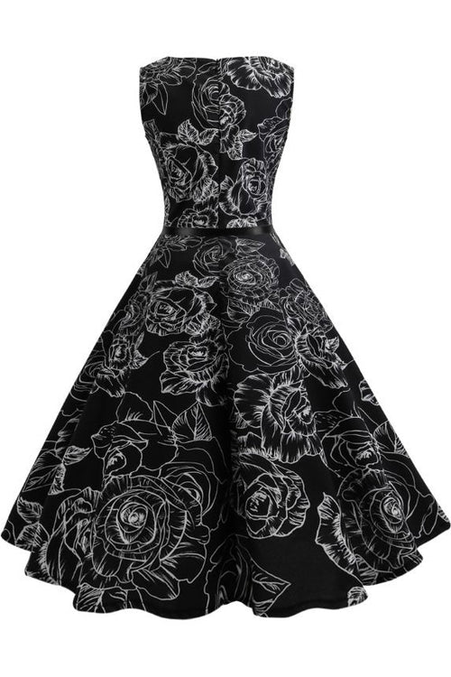 Black Sleeveless Belted Boatneck A-line Dress - Mislish