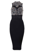 Burgundy Sleeveless High Neck Beading Bandage Dress - Mislish