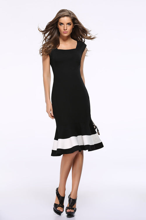 Black Square Neck Sleeveless Color-block Mermaid Dress - Mislish