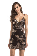 Black V-neck Spaghetti Straps Embroidered Backless Short Dress - Mislish