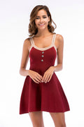 Burgundy Buttoned Fit and Flare Knit Mini Dress - Mislish